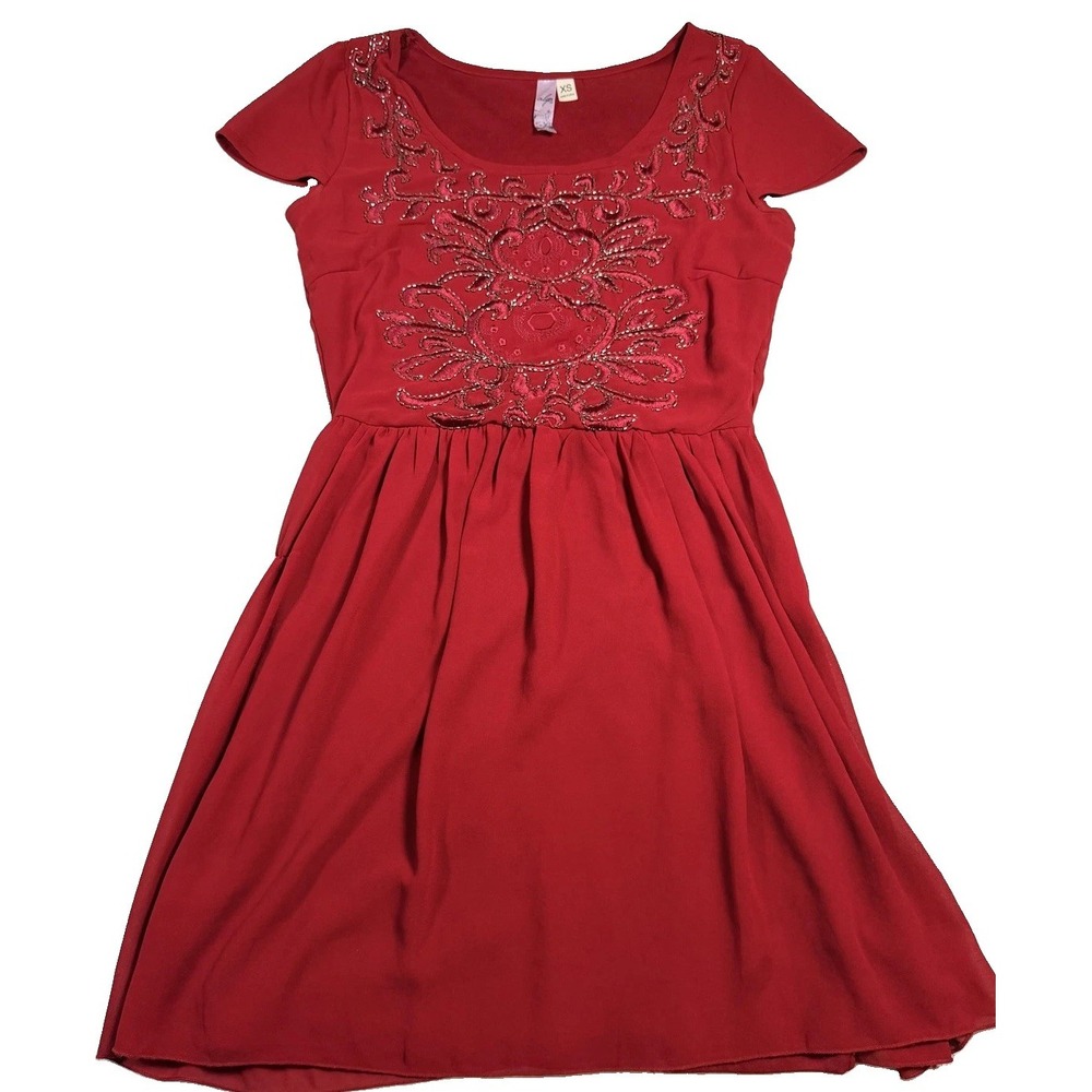 Alya Dress Womens XS Red Beaded Scoop Neck Short Sleeve Fit & Flare Party